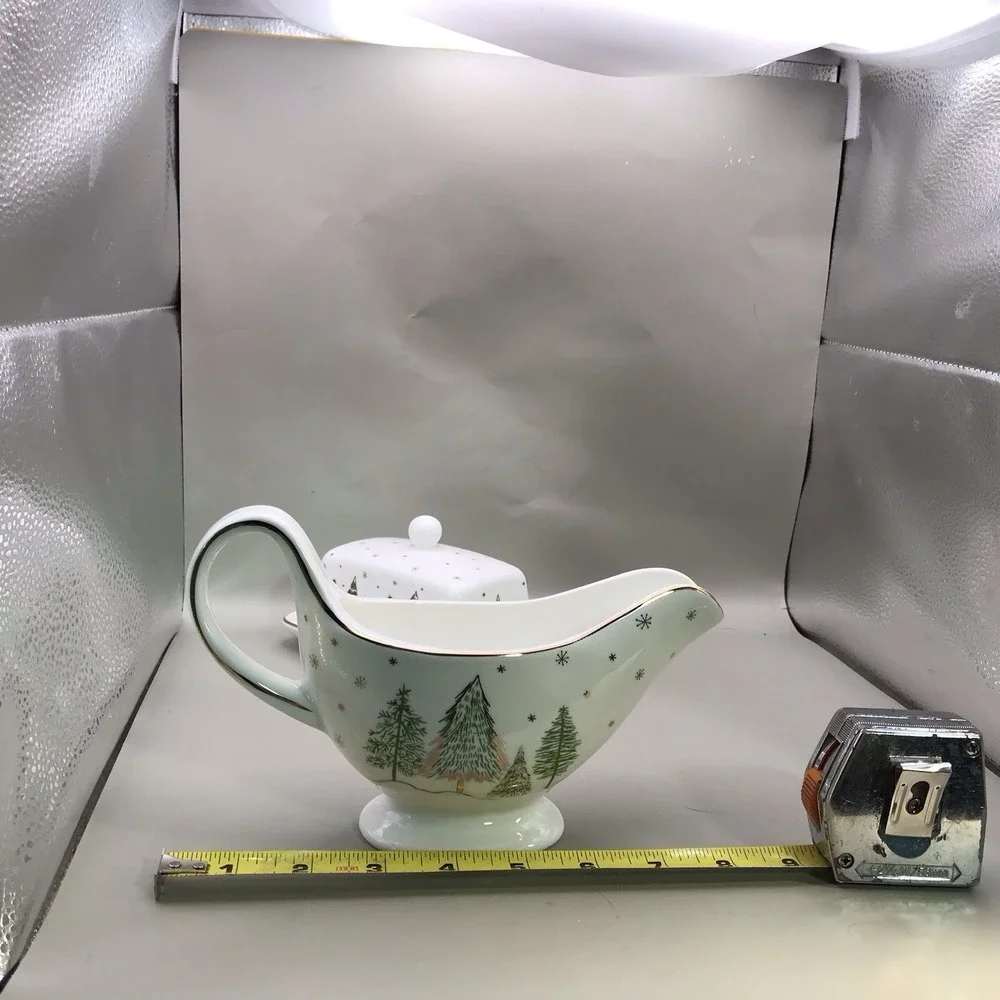 Grace Teaware Porcelain Butter Dish And Gravy Boat Trees And Snow And Gold Trim - Picture 15 of 16